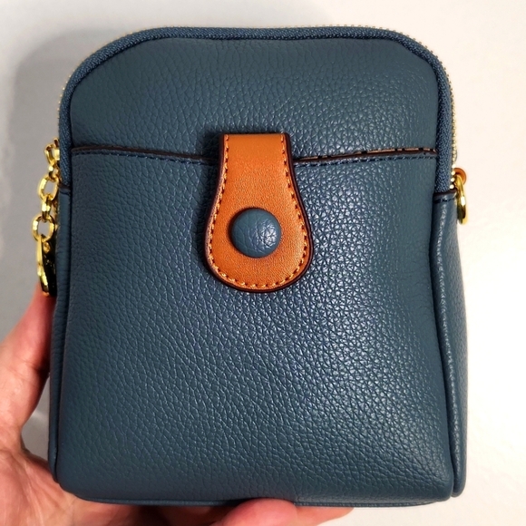 NWT Vegan Blue/English Tan Mini Faux Leather Crossbody. So soft. - Picture 1 of 6